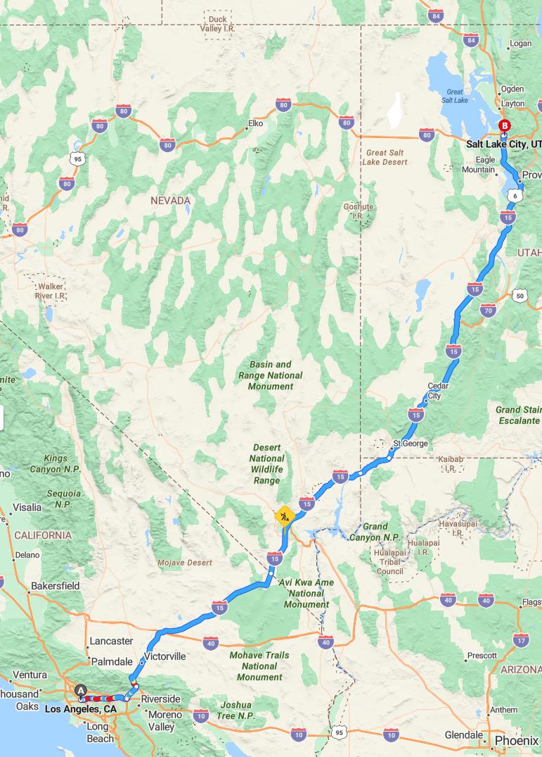 driving from Los Angeles, California to Salt Lake CityUtah - map and route