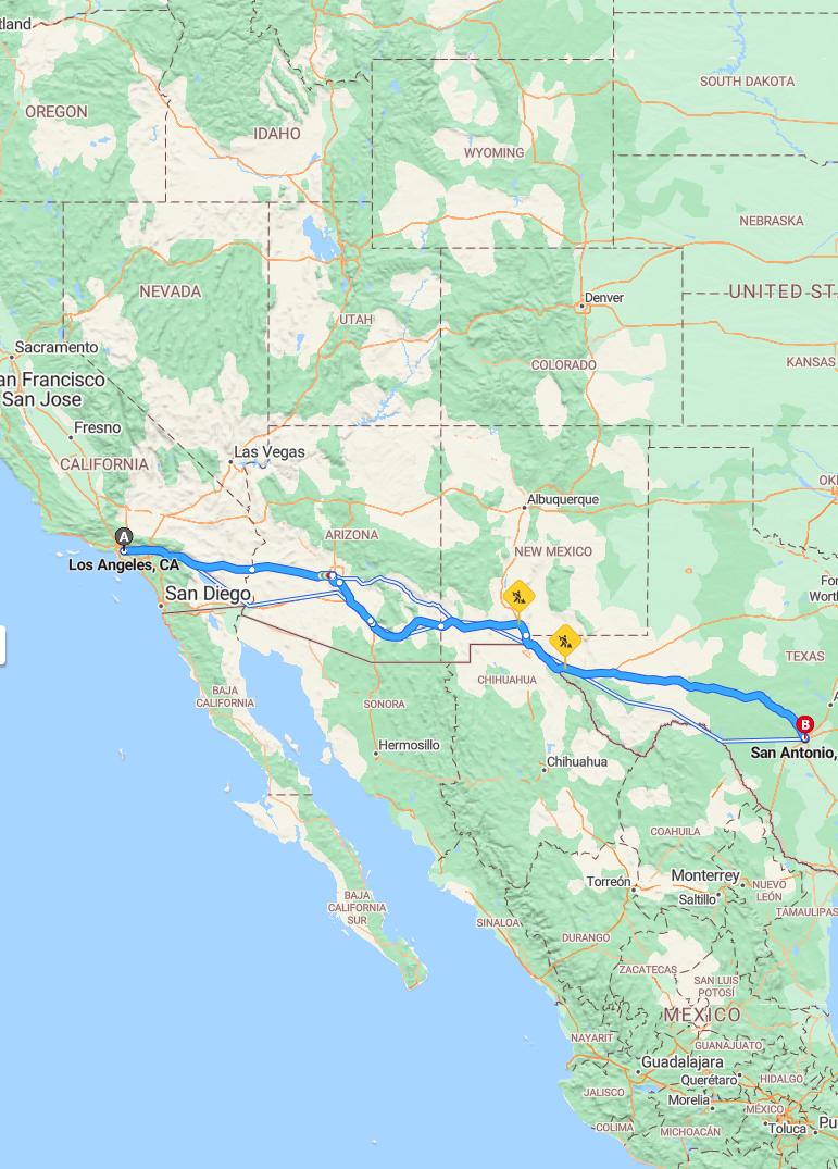 driving from Los Angeles, California to San AntonioTexas - map and route