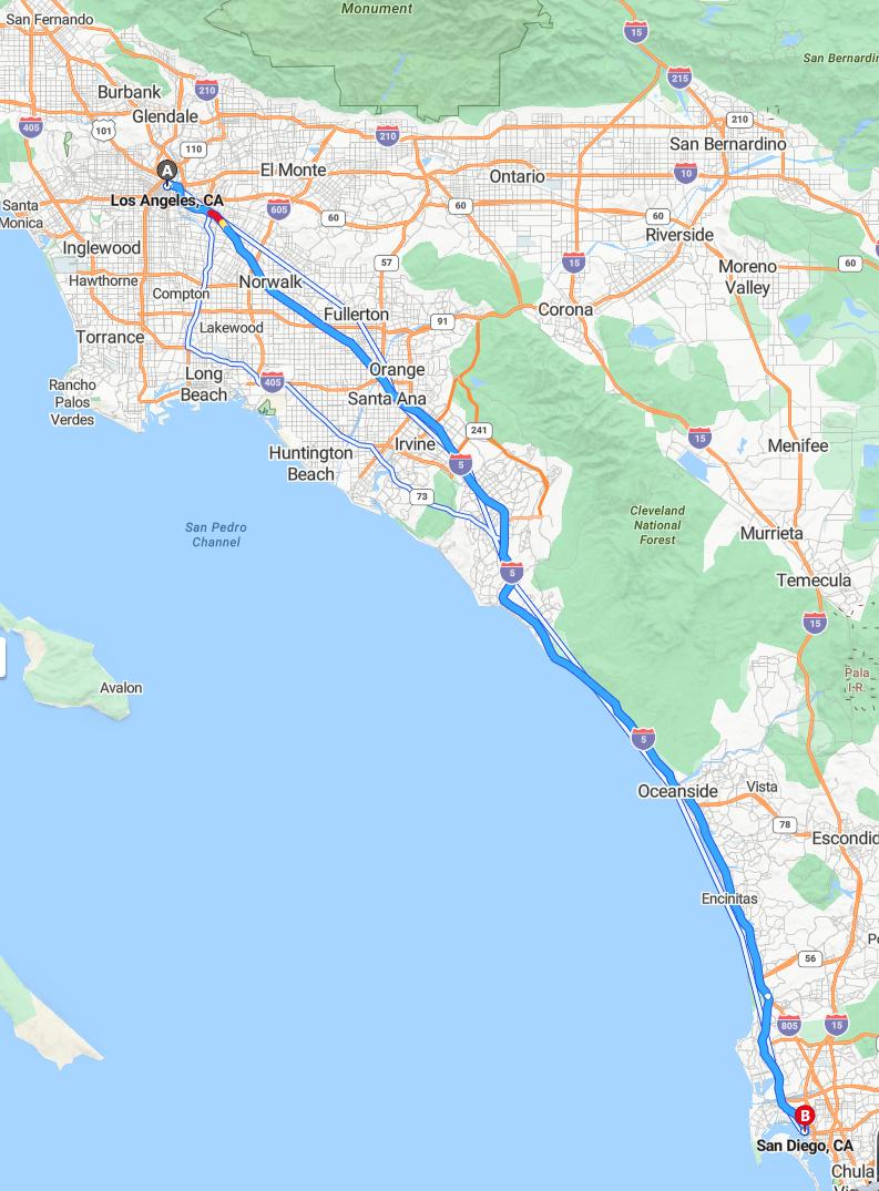 driving from Los Angeles, California to San DiegoCalifornia - map and route