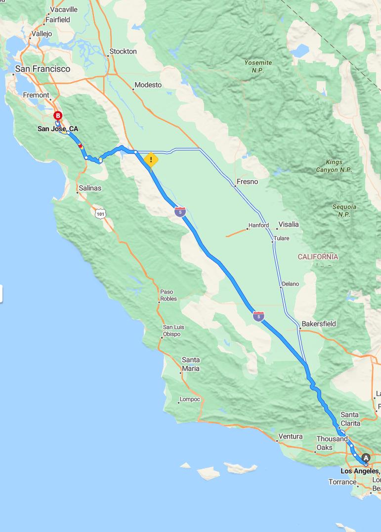driving from Los Angeles, California to San JoseCalifornia - map and route