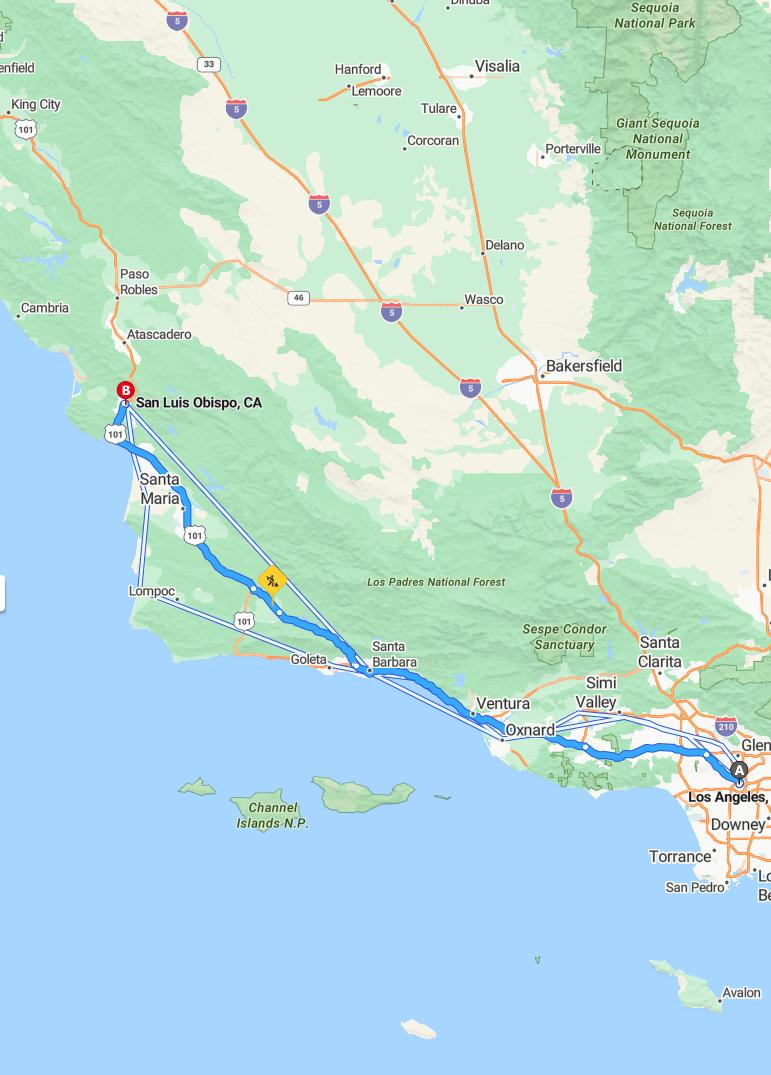 driving from Los Angeles, California to San Luis ObispoCalifornia - map and route