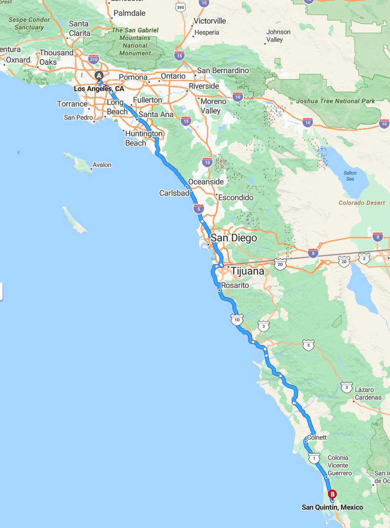 driving from Los Angeles, California to San QuintinBaja California - map and route