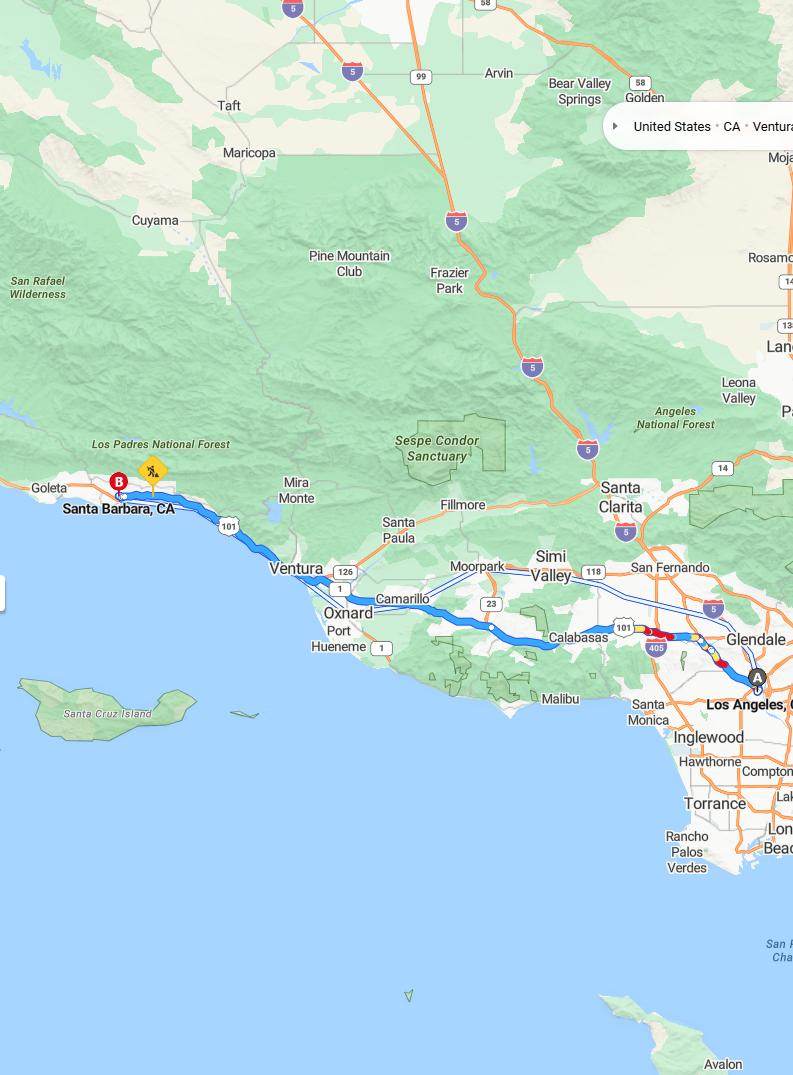driving from Los Angeles, California to Santa BarbaraCalifornia - map and route