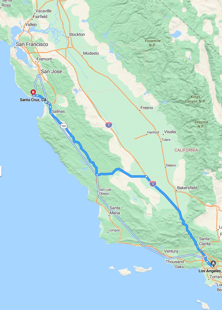 driving from Los Angeles, California to Santa CruzCalifornia - map and route