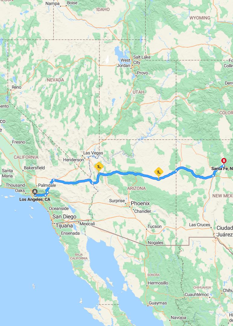 driving from Los Angeles, California to Santa FeNew Mexico - map and route