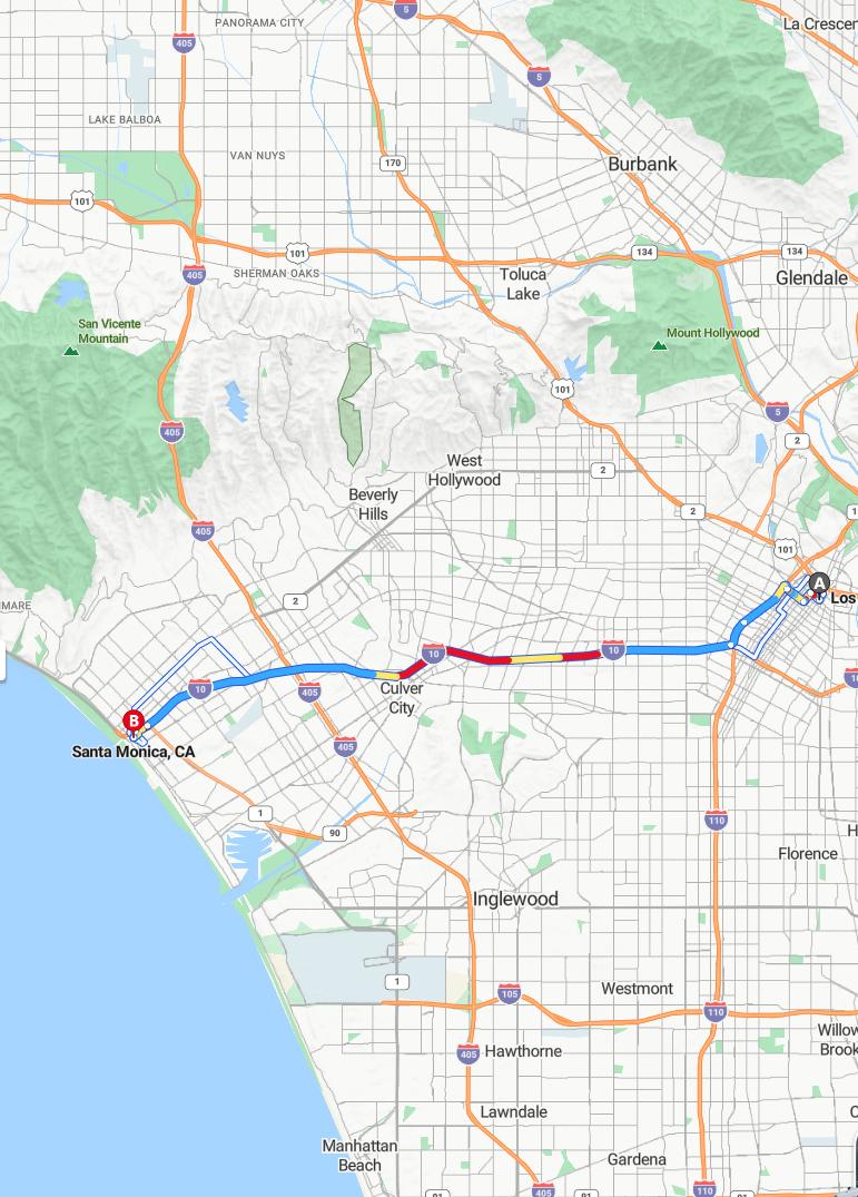 driving from Los Angeles, California to Santa MonicaCalifornia - map and route