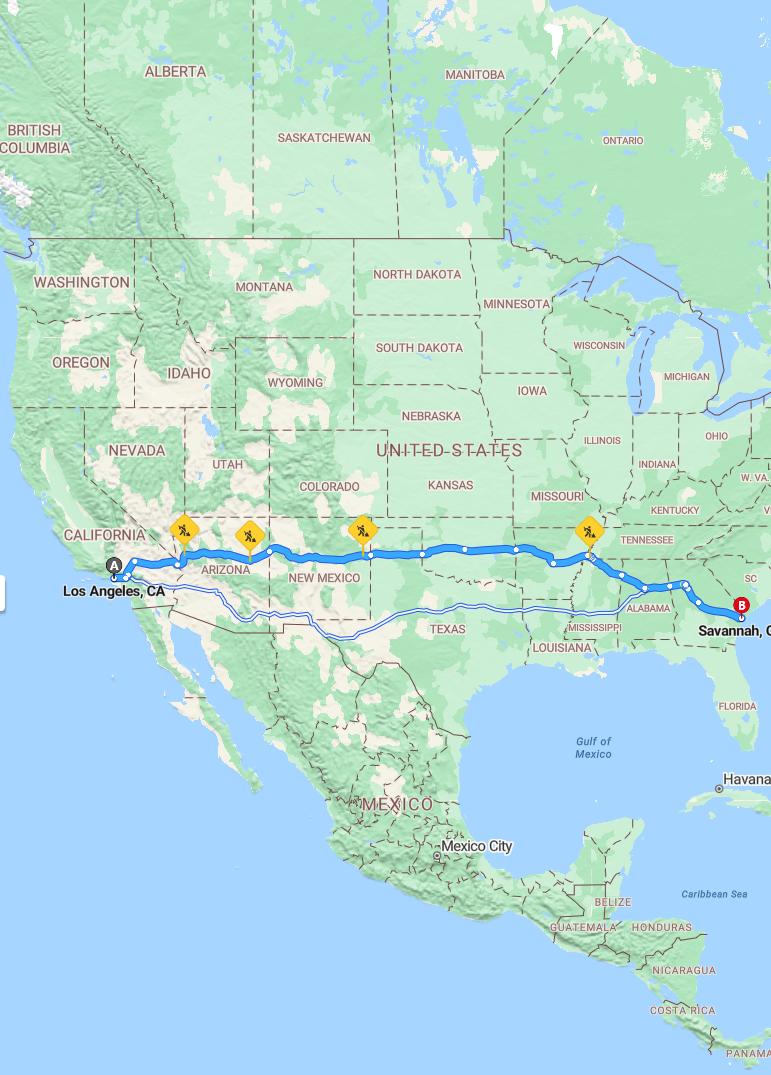 driving from Los Angeles, California to SavannahGeorgia - map and route