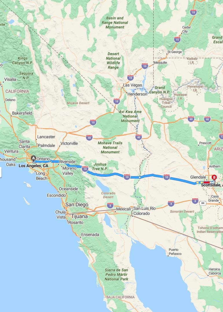 driving from Los Angeles, California to ScottsdaleArizona - map and route
