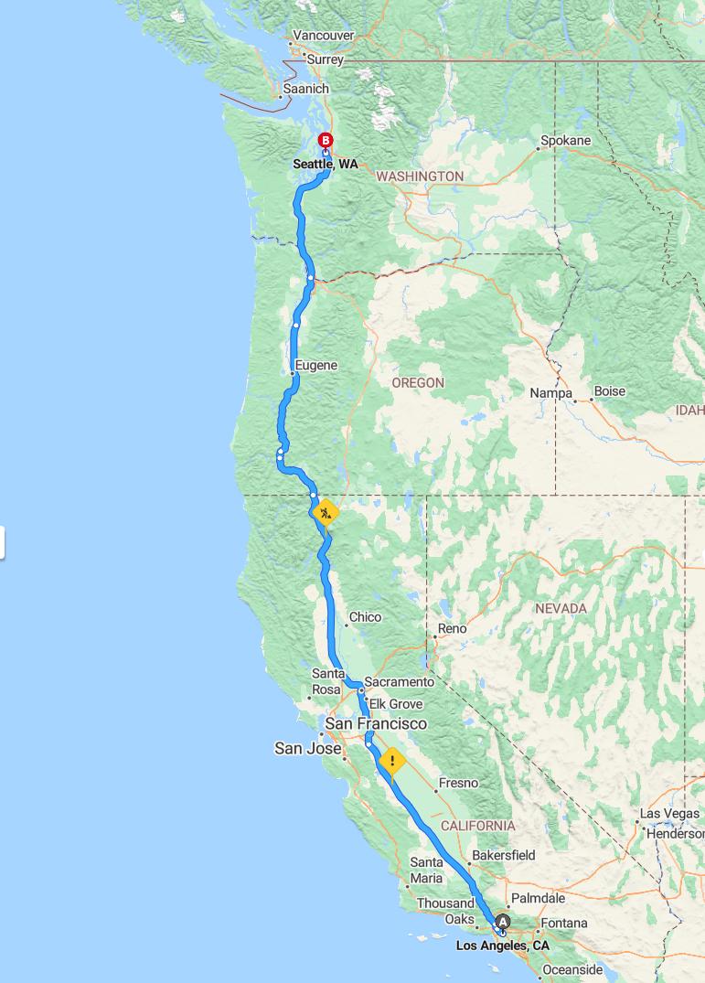 driving from Los Angeles, California to SeattleWashington - map and route