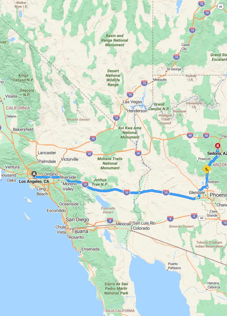 driving from Los Angeles, California to SedonaArizona - map and route