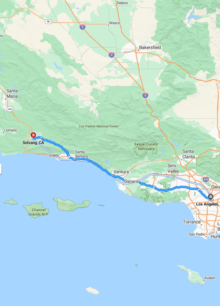 driving from Los Angeles, California to SolvangCalifornia - map and route