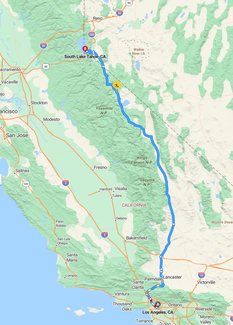 driving from Los Angeles, California to South Lake TahoeCalifornia - map and route