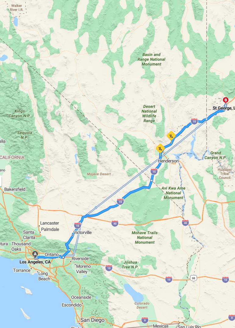 driving from Los Angeles, California to St. GeorgeUtah - map and route