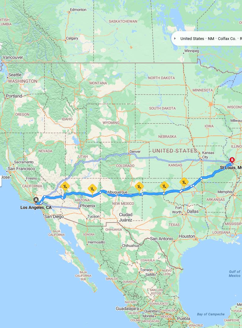 driving from Los Angeles, California to St. LouisMissouri - map and route