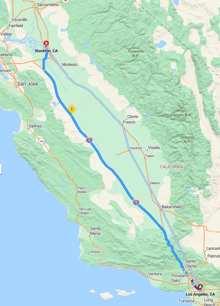 driving from Los Angeles, California to StocktonCalifornia - map and route