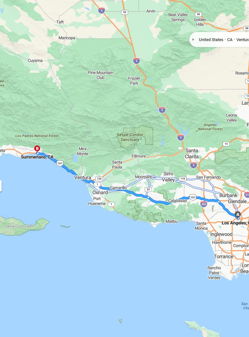 driving from Los Angeles, California to SummerlandCalifornia - map and route