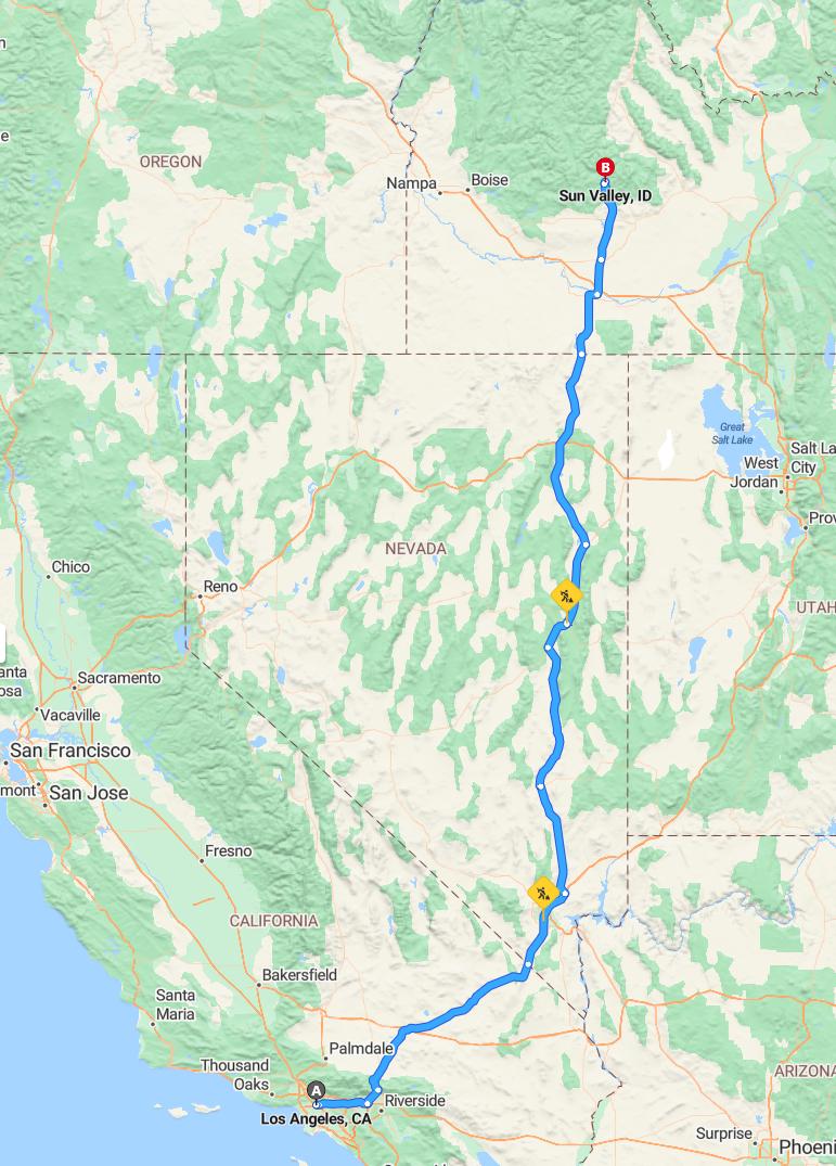 driving from Los Angeles, California to Sun ValleyIdaho - map and route