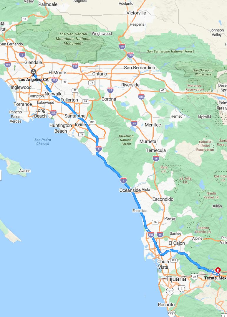 driving from Los Angeles, California to TecateBaja California - map and route