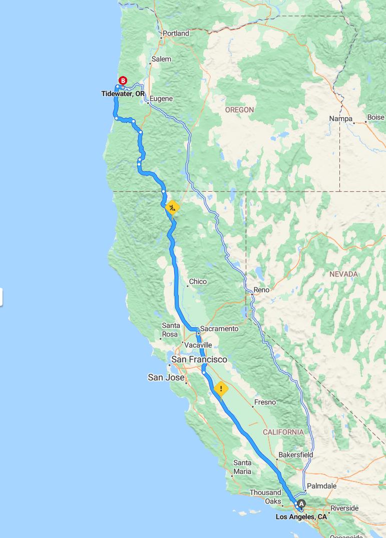 driving from Los Angeles, California to TidewaterOregon - map and route