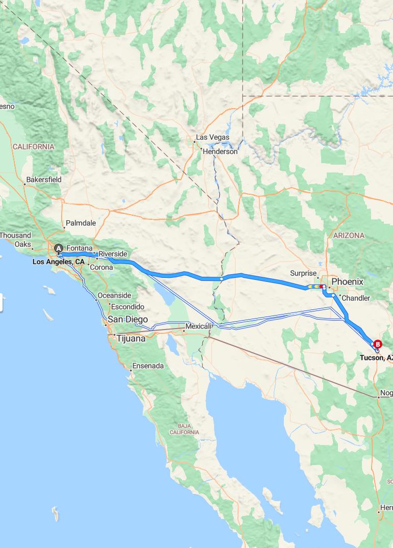 driving from Los Angeles, California to TucsonArizona - map and route