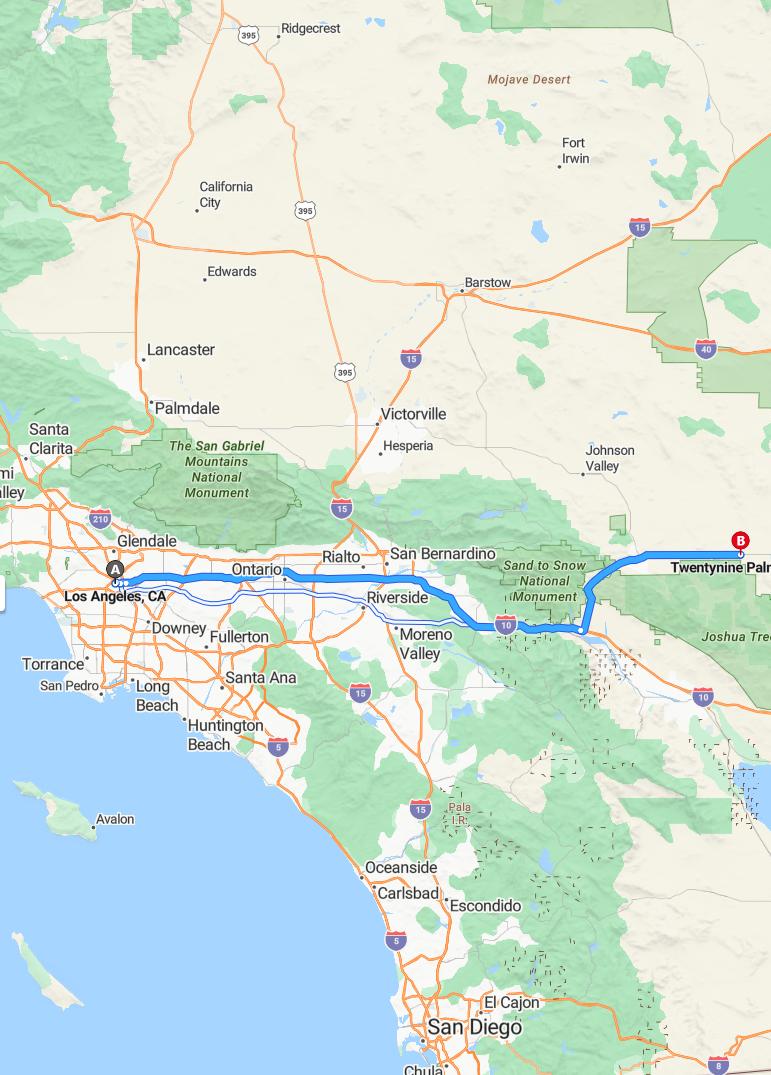 driving from Los Angeles, California to Twentynine PalmsCalifornia - map and route