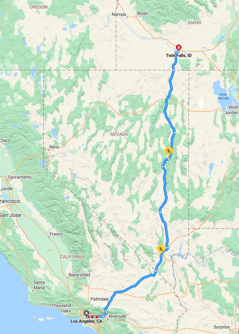 driving from Los Angeles, California to Twin FallsIdaho - map and route