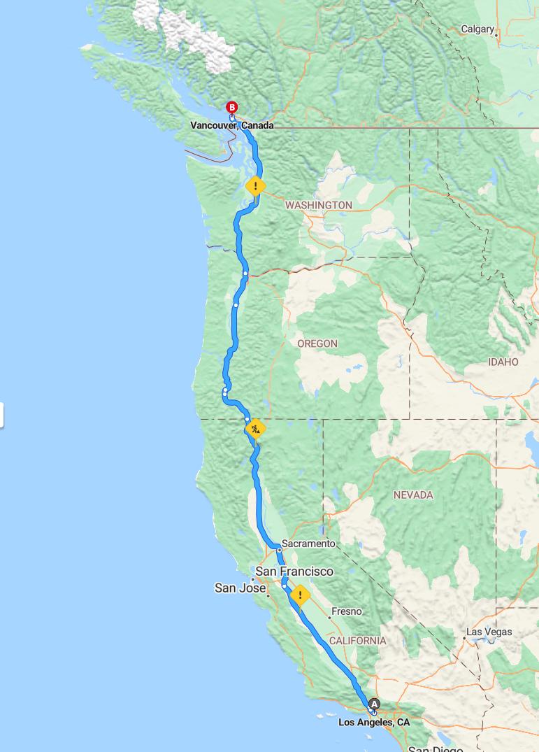 driving from Los Angeles, California to VancouverBritish Columbia - map and route