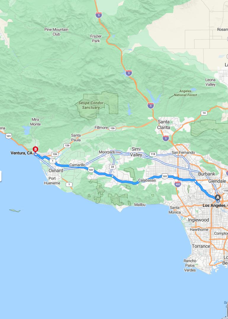 driving from Los Angeles, California to VenturaCalifornia - map and route