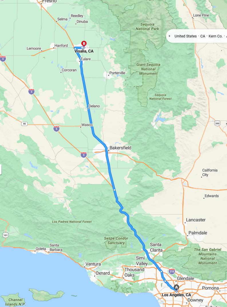 driving from Los Angeles, California to VisaliaCalifornia - map and route