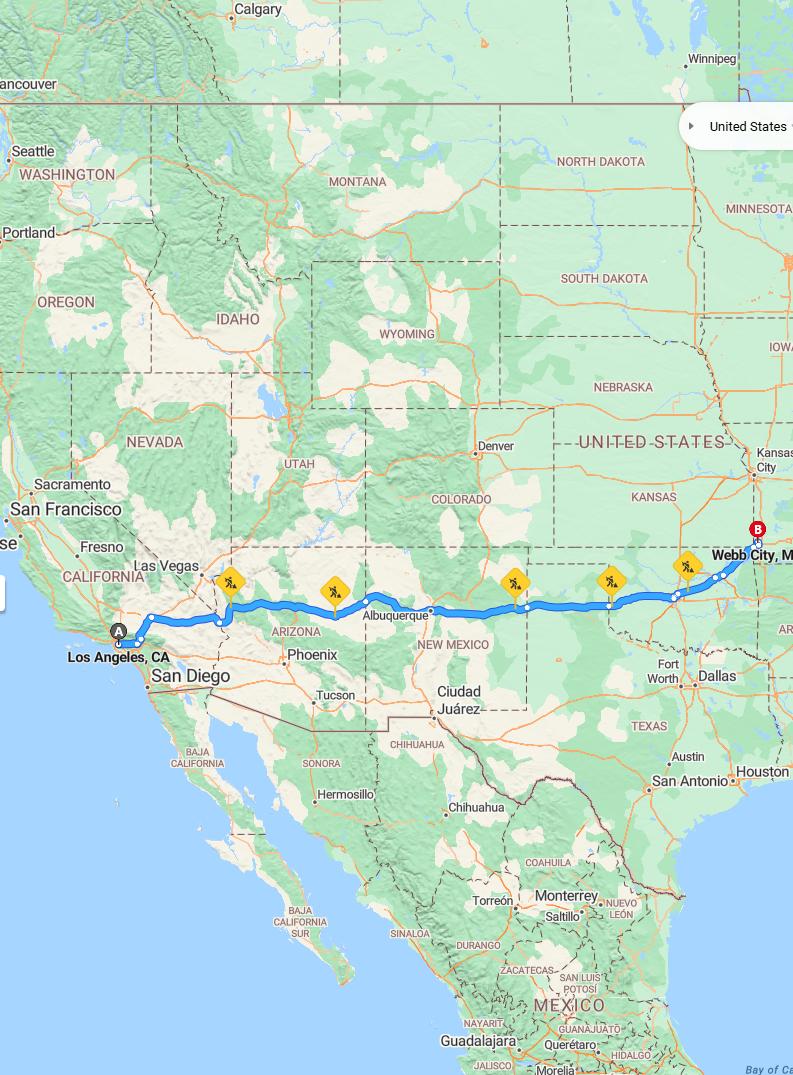 driving from Los Angeles, California to Webb CityMissouri - map and route