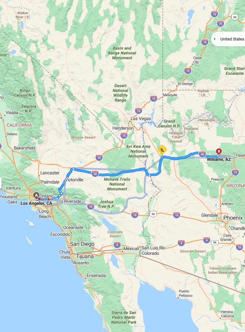 driving from Los Angeles, California to WilliamsArizona - map and route