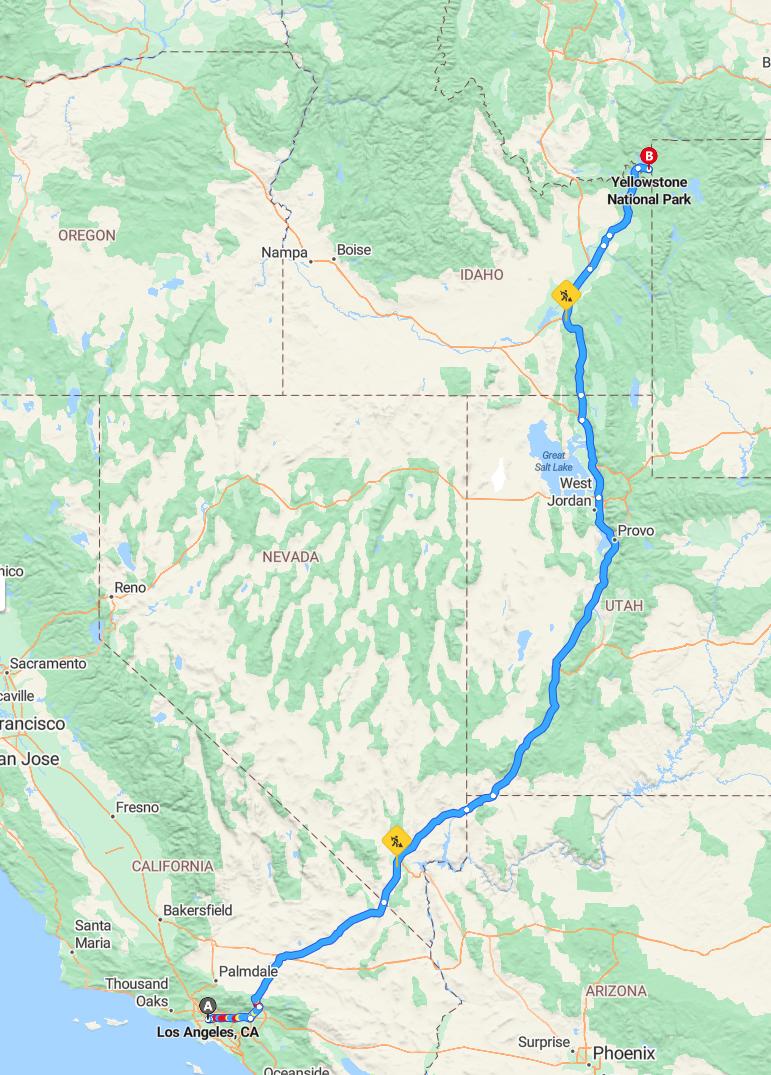driving from Los Angeles, California to Yellowstone National ParkWyoming - map and route