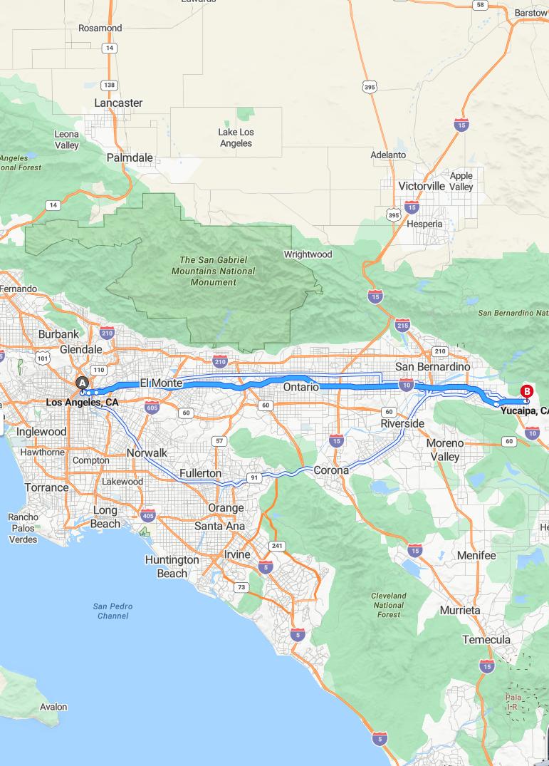 driving from Los Angeles, California to YucaipaCalifornia - map and route