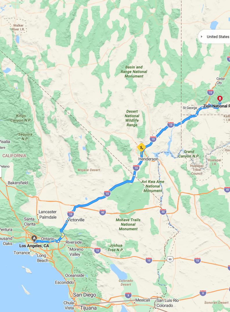 driving from Los Angeles, California to Zion National ParkUtah - map and route