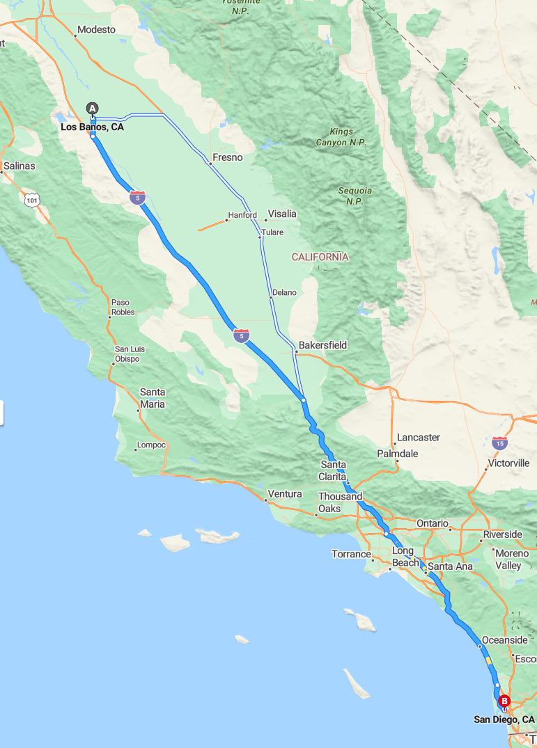 driving from Los Banos, California to San DiegoCalifornia - map and route