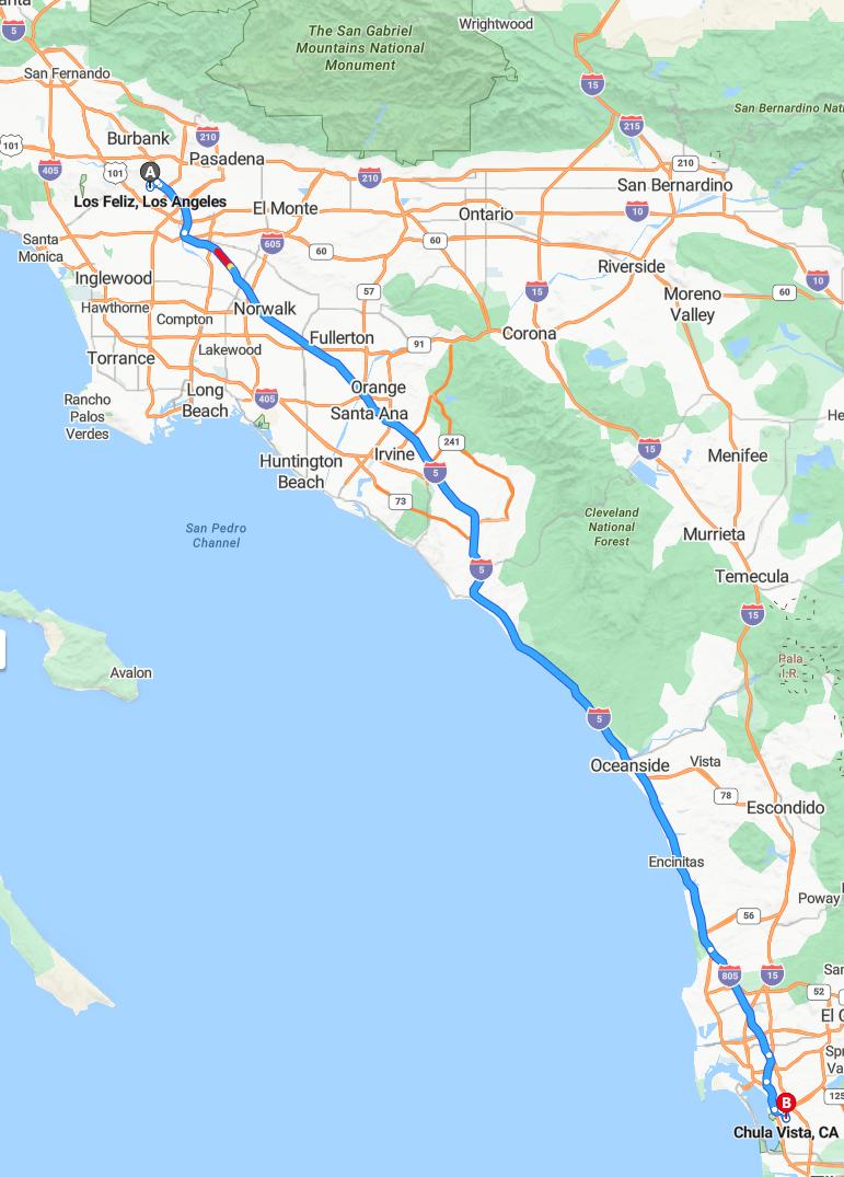 driving from Los Feliz, California to Chula VistaCalifornia - map and route
