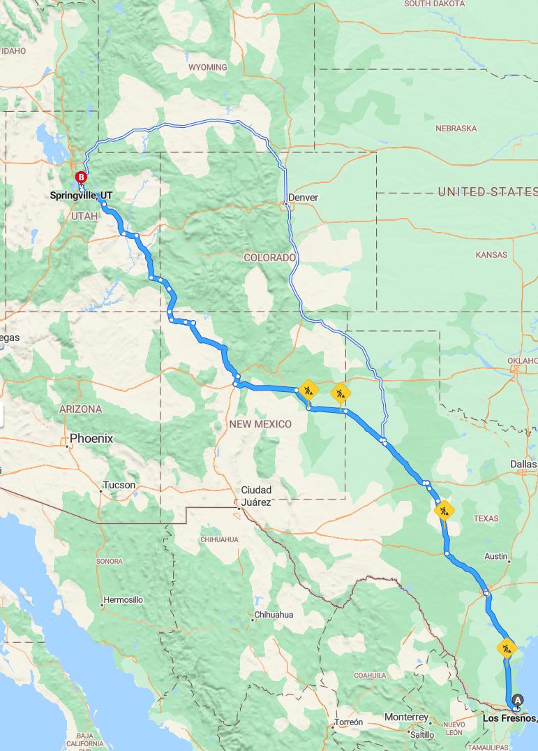 driving from Los Fresnos, Texas to SpringvilleUtah - map and route