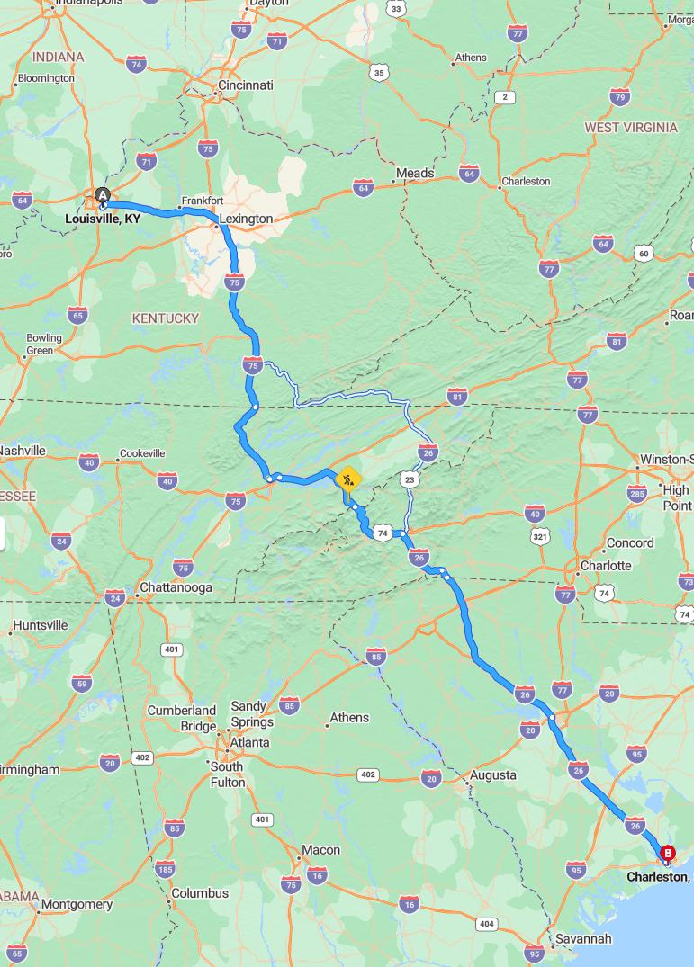 driving from Louisville, Kentucky to CharlestonSouth Carolina - map and route