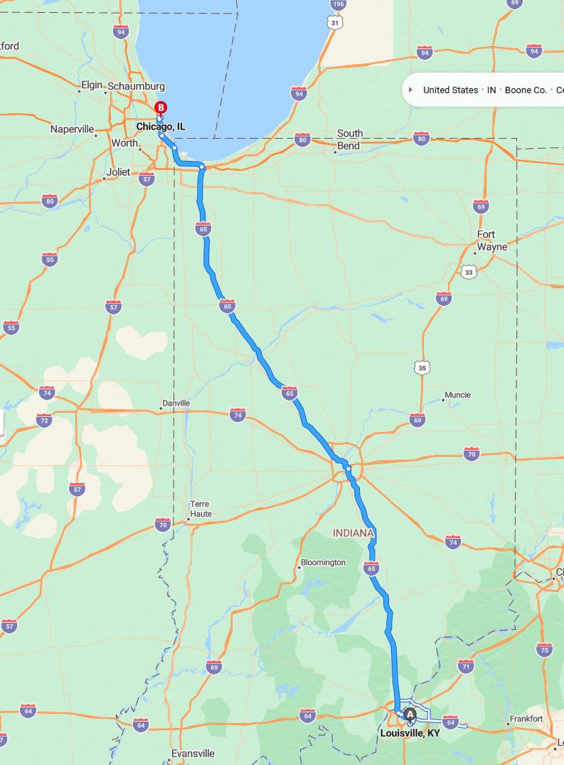 driving from Louisville, Kentucky to ChicagoIllinois - map and route