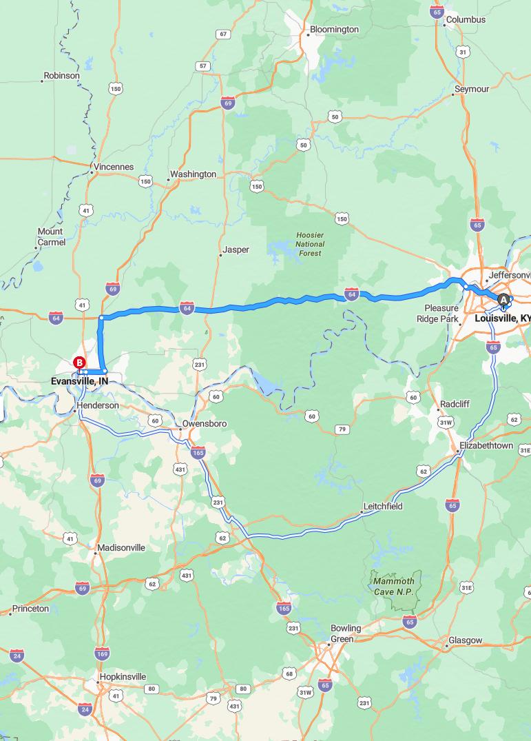 driving from Louisville, Kentucky to EvansvilleIndiana - map and route