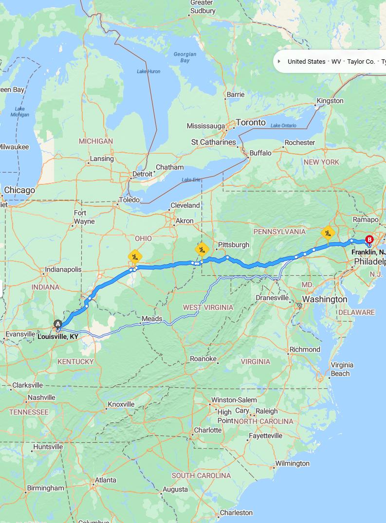 driving from Louisville, Kentucky to Franklin TownshipNew Jersey - map and route