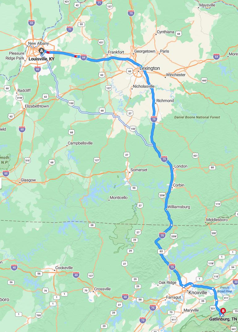 driving from Louisville, Kentucky to GatlinburgTennessee - map and route