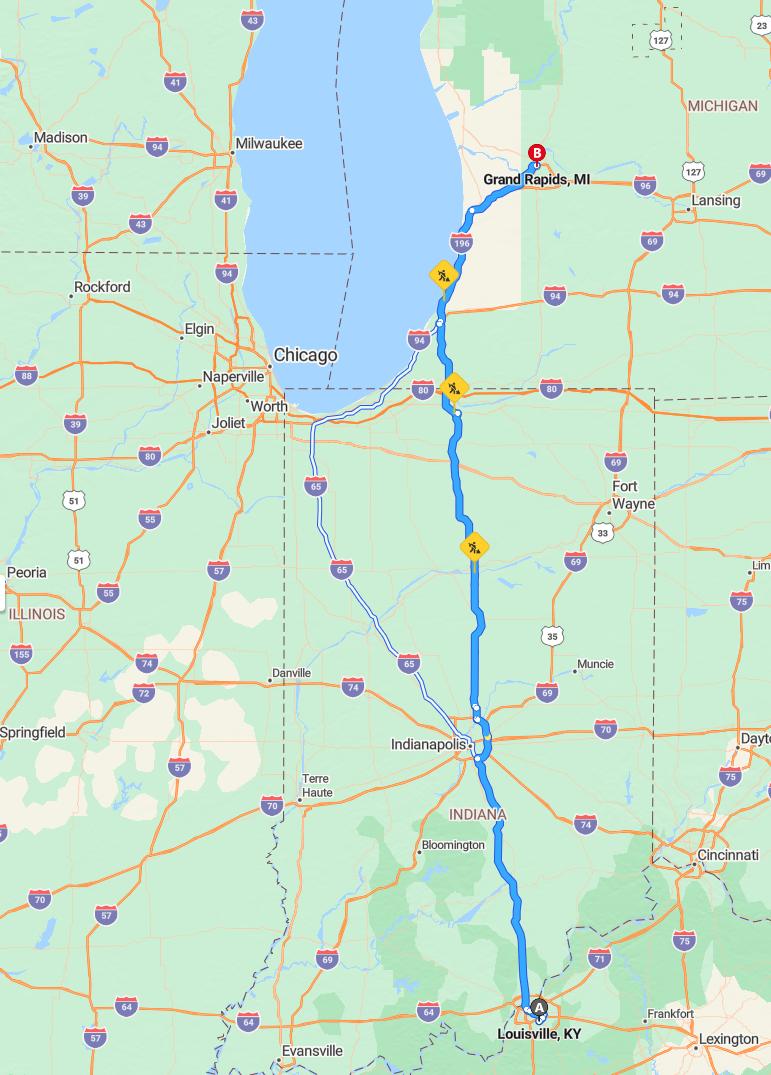 driving from Louisville, Kentucky to Grand RapidsMichigan - map and route
