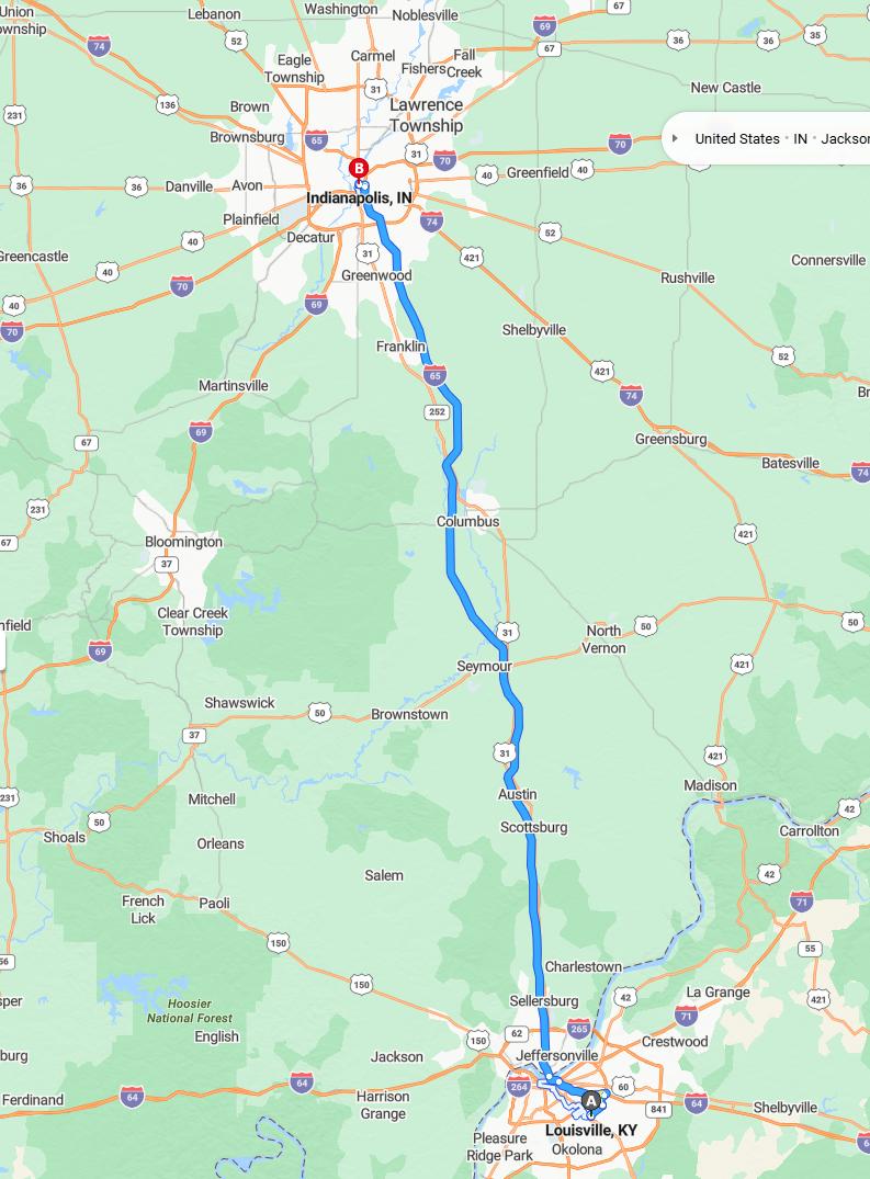 driving from Louisville, Kentucky to IndianapolisIndiana - map and route