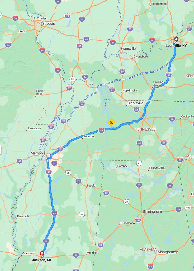 driving from Louisville, Kentucky to JacksonMississippi - map and route