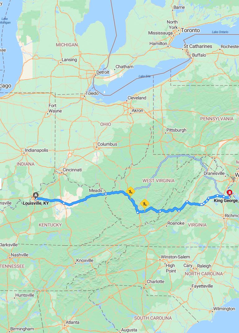 driving from Louisville, Kentucky to King GeorgeVirginia - map and route