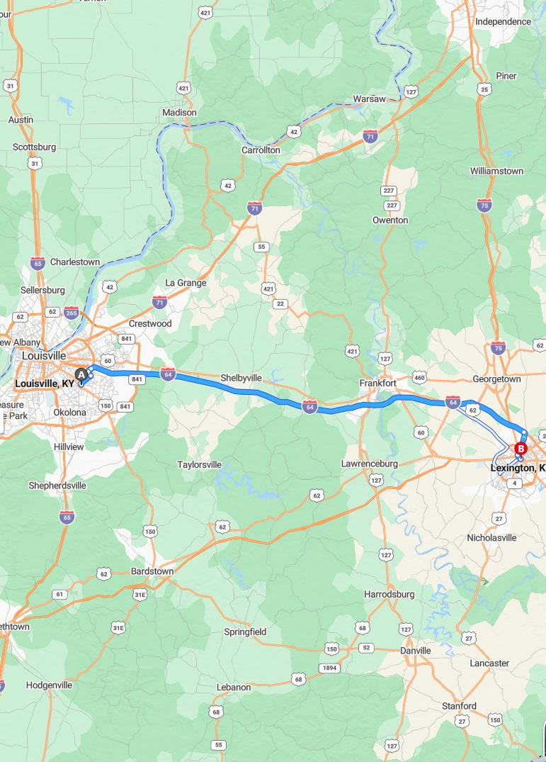 driving from Louisville, Kentucky to LexingtonKentucky - map and route