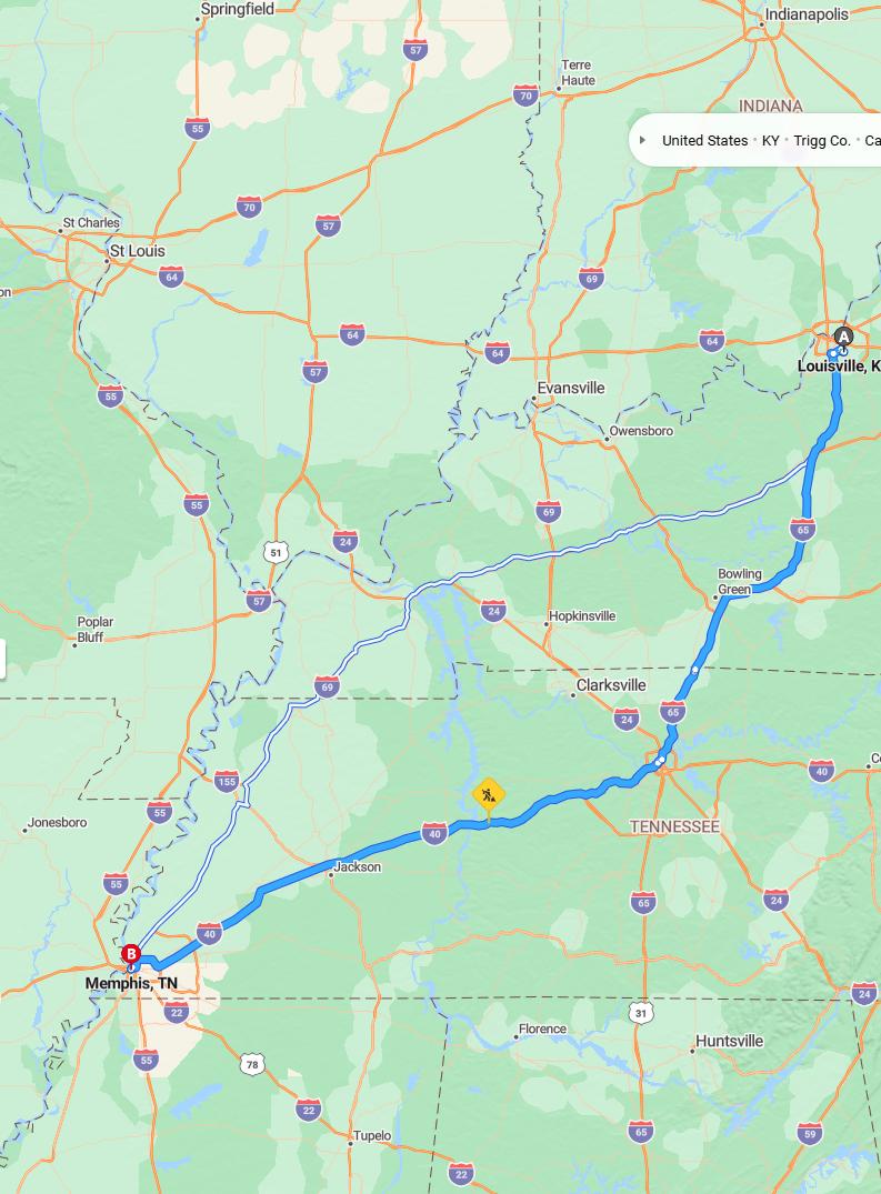driving from Louisville, Kentucky to MemphisTennessee - map and route