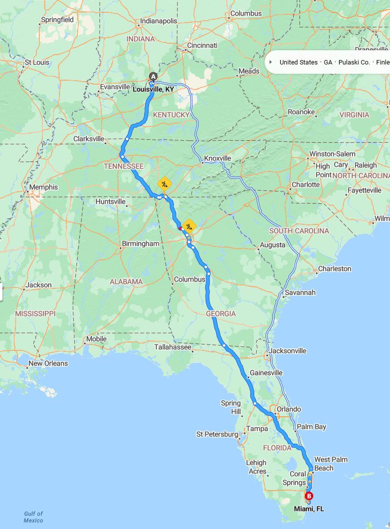 driving from Louisville, Kentucky to MiamiFlorida - map and route