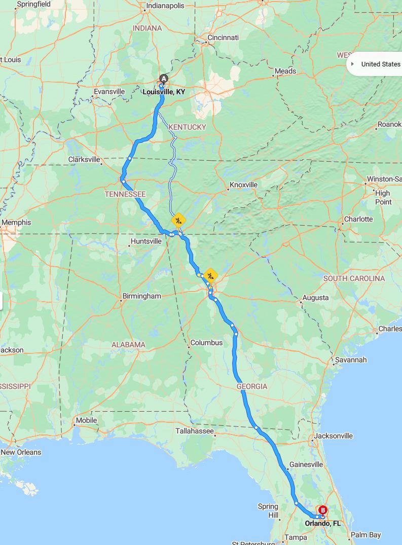 driving from Louisville, Kentucky to OrlandoFlorida - map and route